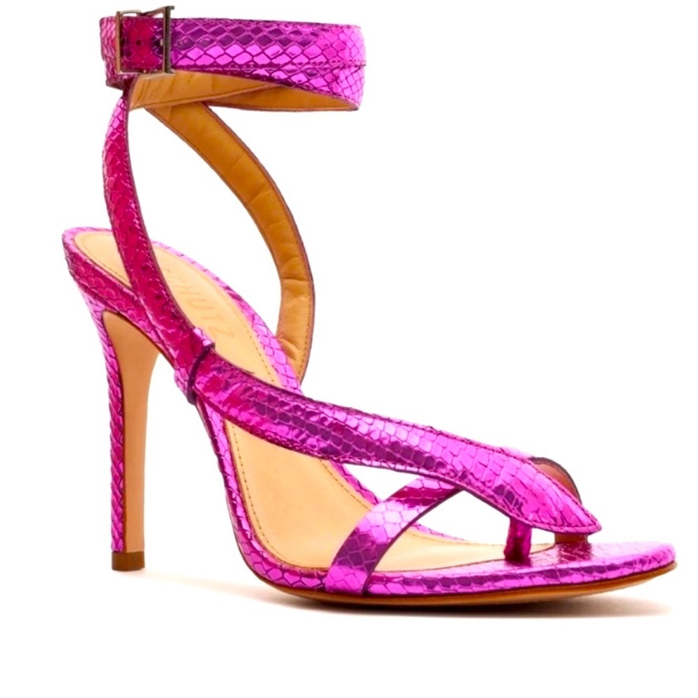 Sexy NWT SCHUTZ COURTNEY heels 7B Wrap ankle purple pink metallic snake sandals.